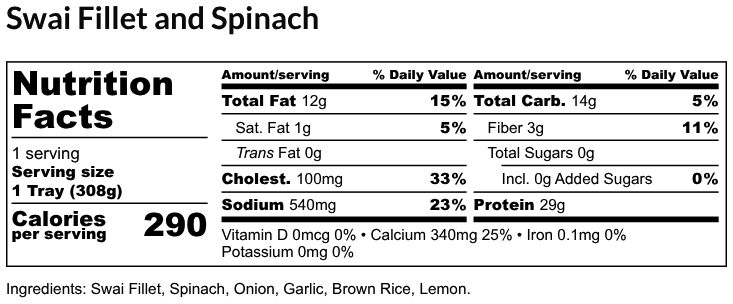 Nutritional Facts - Swai Fillet and  Spinach 6oz